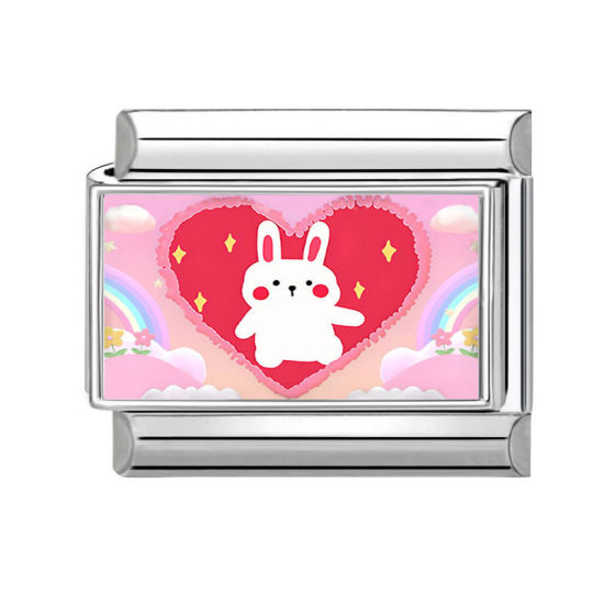 Bild von 1 Stück 304 Edelstahl Stilvoll Charm-Armband mit italienischen Gliedern zur Herstellung von DIY-Schmuck Silberfarbe Bunt Rechteck Hase 10mm x 9mm