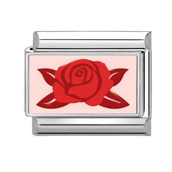 Bild von 1 Stück 304 Edelstahl Stilvoll Charm-Armband mit italienischen Gliedern zur Herstellung von DIY-Schmuck Silberfarbe Rot Rechteck Rose 10mm x 9mm