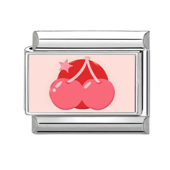 Picture of 1 Piece 304 Stainless Steel Stylish Italian Charm Links For DIY Bracelet Jewelry Making Silver Tone Red Rectangle Cherry Fruit 10mm x 9mm