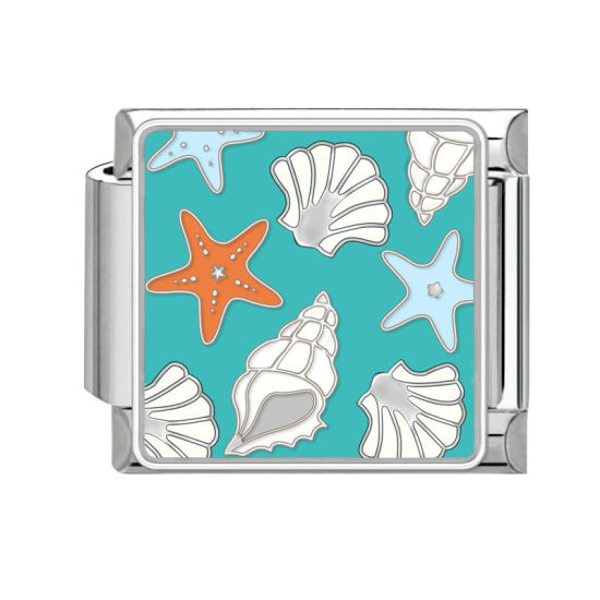 Bild von 1 Stück 304 Edelstahl Stilvoll Charm-Armband mit italienischen Gliedern zur Herstellung von DIY-Schmuck Silberfarbe Bunt Rechteck Meerestier 10mm x 9mm