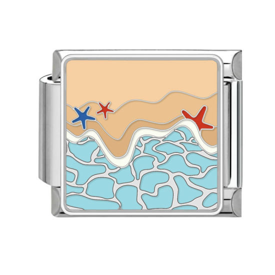 Bild von 1 Stück 304 Edelstahl Stilvoll Charm-Armband mit italienischen Gliedern zur Herstellung von DIY-Schmuck Silberfarbe Bunt Rechteck Meer 10mm x 9mm