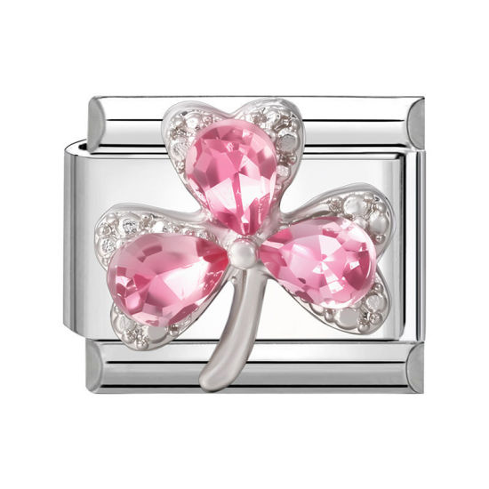 1 個 304ステンレス鋼 おしゃれ ペンダント チャーム イタリアンリンク ブレスレット作り DIY ハンドメイド ジュエリーアクセサリー シルバートーン 長方形 クローバー ピンクラインストーン 10mmx 9mm、 の画像