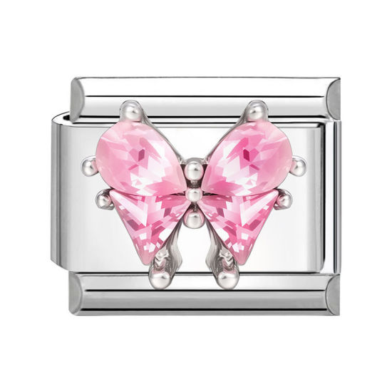1 個 304ステンレス鋼 おしゃれ ペンダント チャーム イタリアンリンク ブレスレット作り DIY ハンドメイド ジュエリーアクセサリー シルバートーン 長方形 蝶 ピンクラインストーン 10mmx 9mm、 の画像