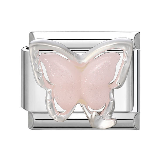 1 個 304ステンレス鋼 おしゃれ ペンダント チャーム イタリアンリンク ブレスレット作り DIY ハンドメイド ジュエリーアクセサリー シルバートーン ピンク 長方形 蝶 10mmx 9mm、 の画像