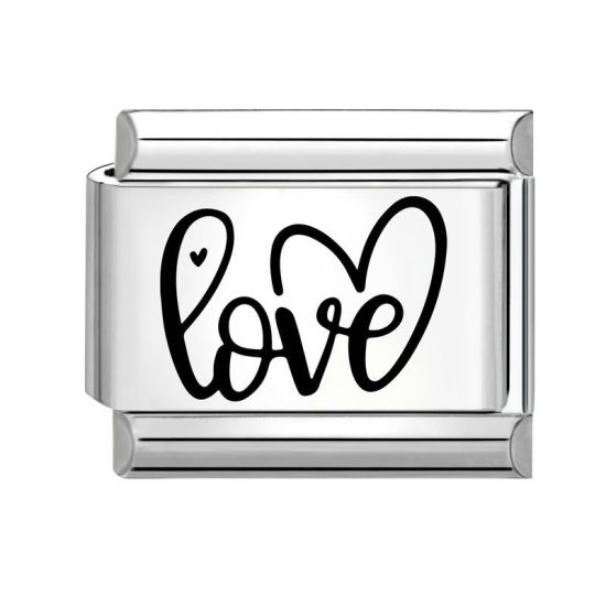 Immagine di 1 Pz 304 Acciaio Inossidabile San Valentino Bracciale con Charm Italiano a Maglie, Creazione di Gioielli Fai-da-te Tono Argento Nero Rettangolo Cuore Messaggio " LOVE " 10mm x 9mm