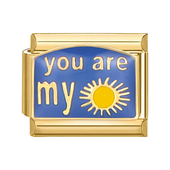 Immagine di 1 Pz 304 Acciaio Inossidabile Bracciale con Charm Italiano a Maglie, Creazione di Gioielli Fai-da-te Oro Placcato Blu Rettangolo Sole Messaggio " YOU ARE MY Sunshine " 10mm x 9mm