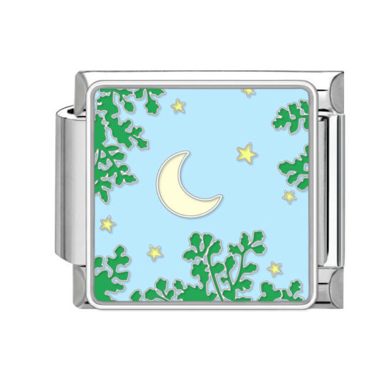 Bild von 1 Stück 304 Edelstahl Stilvoll Charm-Armband mit italienischen Gliedern zur Herstellung von DIY-Schmuck Silberfarbe Bunt Rechteck Mond 10mm x 9mm