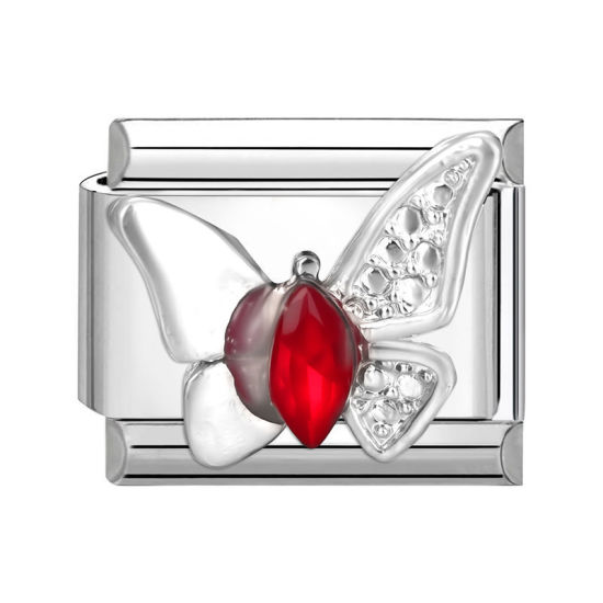 1 個 304ステンレス鋼 おしゃれ ペンダント チャーム イタリアンリンク ブレスレット作り DIY ハンドメイド ジュエリーアクセサリー シルバートーン 長方形 蝶 レッドラインストーン 10mmx 9mm、 の画像