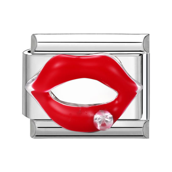 Immagine di 1 Pz 304 Acciaio Inossidabile Elegante Bracciale con Charm Italiano a Maglie, Creazione di Gioielli Fai-da-te Tono Argento Rosso Rettangolo Labbro 10mm x 9mm