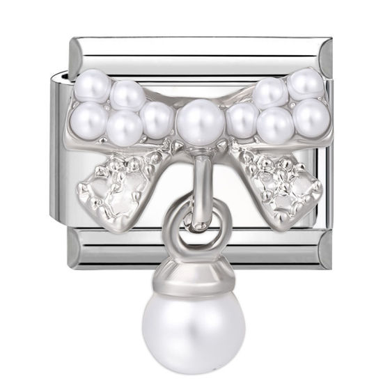 Bild von 1 Stück 304 Edelstahl Charm-Armband mit italienischen Gliedern zur Herstellung von DIY-Schmuck Silberfarbe Rechteck Schleife Imitat Perle 10mm x 9mm