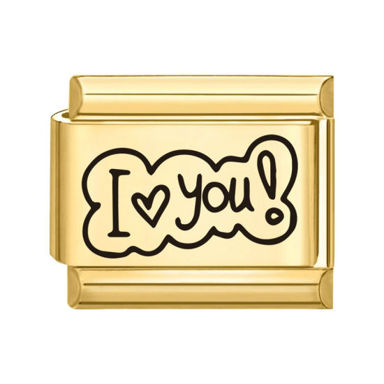Immagine di 1 Pz 304 Acciaio Inossidabile Bracciale con Charm Italiano a Maglie, Creazione di Gioielli Fai-da-te Oro Placcato Nero Rettangolo Messaggio " I Love you " 10mm x 9mm