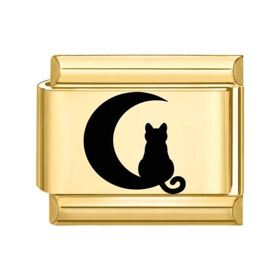 Immagine di 1 Pz 304 Acciaio Inossidabile Bracciale con Charm Italiano a Maglie, Creazione di Gioielli Fai-da-te Oro Placcato Nero Rettangolo Gatto 10mm x 9mm