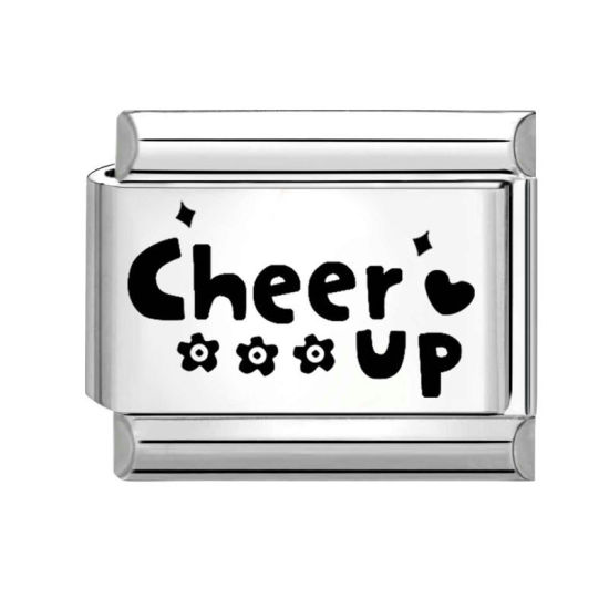 Immagine di 1 Pz 304 Acciaio Inossidabile Elegante Bracciale con Charm Italiano a Maglie, Creazione di Gioielli Fai-da-te Tono Argento Nero Rettangolo Messaggio " Cheer Up " 10mm x 9mm