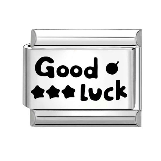 Immagine di 1 Pz 304 Acciaio Inossidabile Elegante Bracciale con Charm Italiano a Maglie, Creazione di Gioielli Fai-da-te Tono Argento Nero Rettangolo Messaggio " GOOD LUCK " 10mm x 9mm