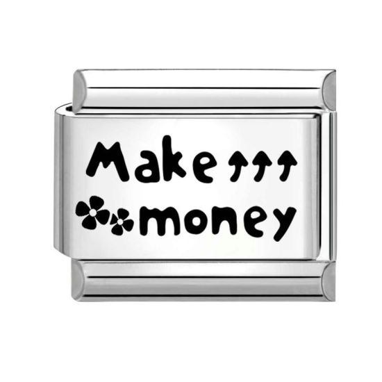 Immagine di 1 Pz 304 Acciaio Inossidabile Elegante Bracciale con Charm Italiano a Maglie, Creazione di Gioielli Fai-da-te Tono Argento Nero Rettangolo Messaggio " Make Money " 10mm x 9mm