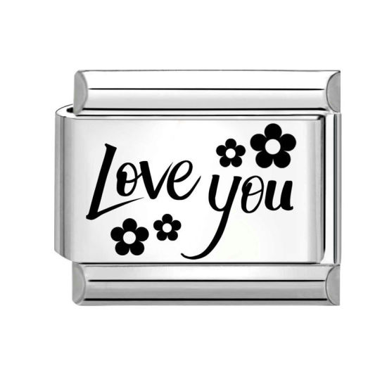 Immagine di 1 Pz 304 Acciaio Inossidabile Elegante Bracciale con Charm Italiano a Maglie, Creazione di Gioielli Fai-da-te Tono Argento Nero Rettangolo Fiore Messaggio " Love You " 10mm x 9mm