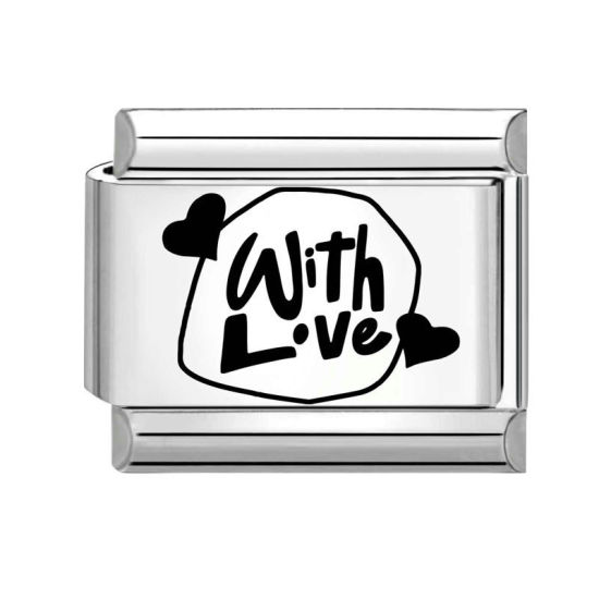 Immagine di 1 Pz 304 Acciaio Inossidabile Elegante Bracciale con Charm Italiano a Maglie, Creazione di Gioielli Fai-da-te Tono Argento Nero Rettangolo Messaggio " With Love " 10mm x 9mm