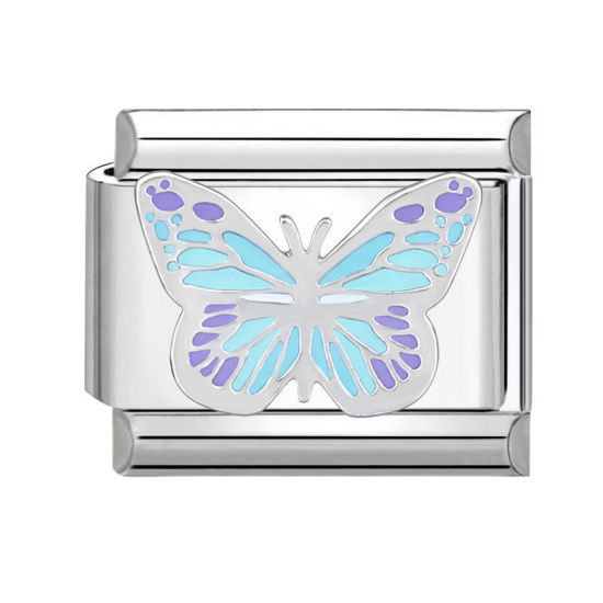 Bild von 1 Stück 304 Edelstahl Charm-Armband mit italienischen Gliedern zur Herstellung von DIY-Schmuck Silberfarbe Bunt Rechteck Schmetterling 10mm x 9mm