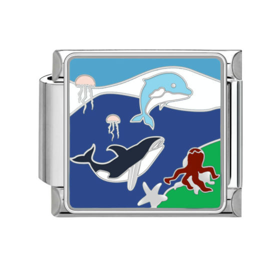 Bild von 1 Stück 304 Edelstahl Stilvoll Charm-Armband mit italienischen Gliedern zur Herstellung von DIY-Schmuck Silberfarbe Bunt Rechteck Meerestier 10mm x 9mm