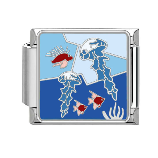 Bild von 1 Stück 304 Edelstahl Stilvoll Charm-Armband mit italienischen Gliedern zur Herstellung von DIY-Schmuck Silberfarbe Bunt Rechteck Meerestier 10mm x 9mm