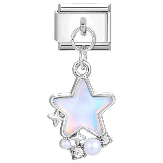 Bild von 1 Stück 304 Edelstahl Stilvoll Charm-Armband mit italienischen Gliedern zur Herstellung von DIY-Schmuck Silberfarbe AB Farbe Pentagramm Stern Imitat Perle 10mm x 9mm