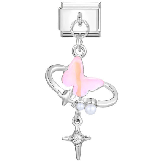 Immagine di 1 Pz 304 Acciaio Inossidabile Elegante Bracciale con Charm Italiano a Maglie, Creazione di Gioielli Fai-da-te Tono Argento Farfalla 10mm x 9mm