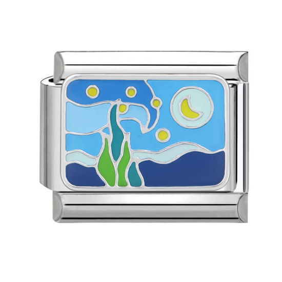 Bild von 1 Stück 304 Edelstahl Stilvoll Charm-Armband mit italienischen Gliedern zur Herstellung von DIY-Schmuck Silberfarbe Bunt Rechteck Naturlandschaft 10mm x 9mm