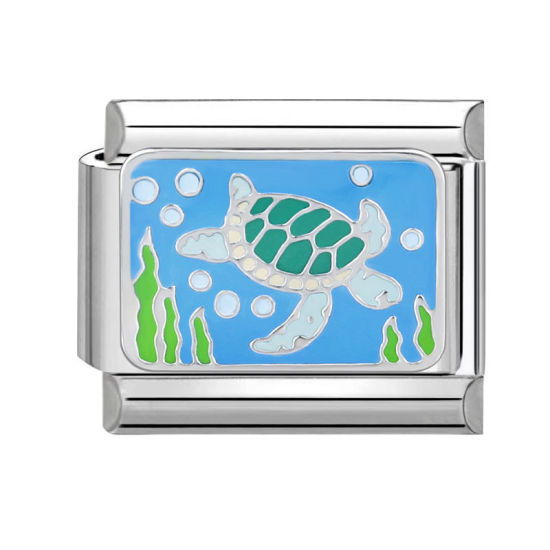 Bild von 1 Stück 304 Edelstahl Stilvoll Charm-Armband mit italienischen Gliedern zur Herstellung von DIY-Schmuck Silberfarbe Bunt Rechteck Meerestier 10mm x 9mm