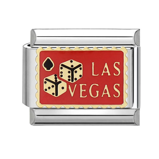 Изображение 1 ШТ 304 Нержавеющая Сталь Стильный Очаровательный итальянский браслет со звеньями Изготовление ювелирных изделий своими руками Серебряный Тон Красный Прямоугольник Игральная Кость Сообщение " LAS VEGAS " 10мм x 9мм