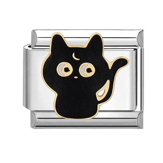 Immagine di 1 Pz 304 Acciaio Inossidabile Elegante Bracciale con Charm Italiano a Maglie, Creazione di Gioielli Fai-da-te Tono Argento Nero Rettangolo Gatto 10mm x 9mm
