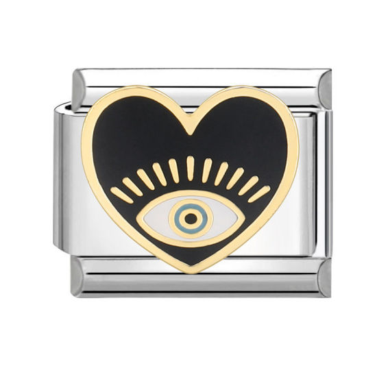 Bild von 1 Stück 304 Edelstahl Valentinstag Charm-Armband mit italienischen Gliedern zur Herstellung von DIY-Schmuck Silberfarbe Schwarz Rechteck Herz 10mm x 9mm