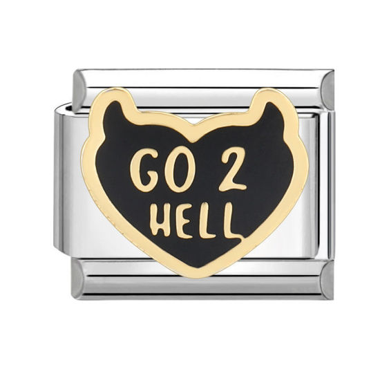 Bild von 1 Stück 304 Edelstahl Valentinstag Charm-Armband mit italienischen Gliedern zur Herstellung von DIY-Schmuck Silberfarbe Rechteck Herz Message " go 2 hell " 10mm x 9mm
