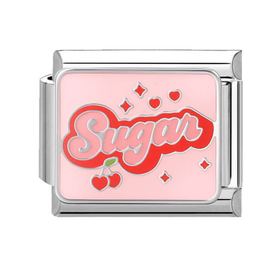 Изображение 1 ШТ 304 Нержавеющая Сталь Стильный Очаровательный итальянский браслет со звеньями Изготовление ювелирных изделий своими руками Серебряный Тон Розовый Прямоугольник Сообщение " SUGAR " 10мм x 9мм