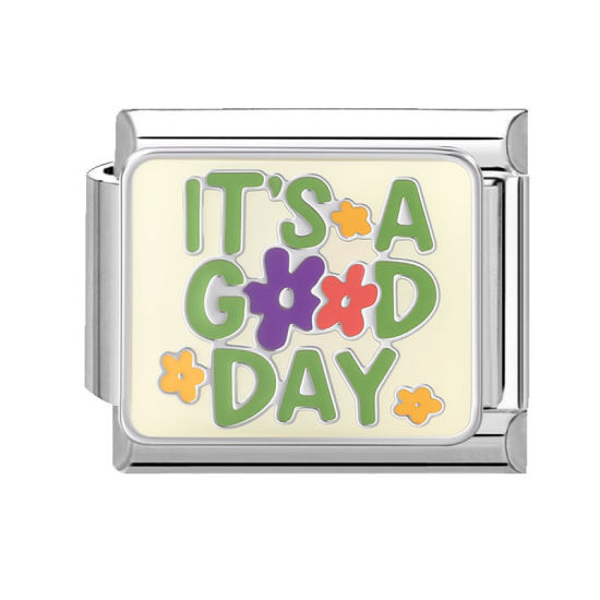 Изображение 1 ШТ 304 Нержавеющая Сталь Стильный Очаровательный итальянский браслет со звеньями Изготовление ювелирных изделий своими руками Серебряный Тон Разноцветный Прямоугольник Сообщение " It's Good Day " 10мм x 9мм