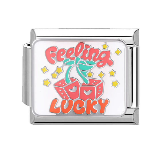 Изображение 1 ШТ 304 Нержавеющая Сталь Стильный Очаровательный итальянский браслет со звеньями Изготовление ювелирных изделий своими руками Серебряный Тон Разноцветный Прямоугольник Сообщение " Feeling Lucky " 10мм x 9мм