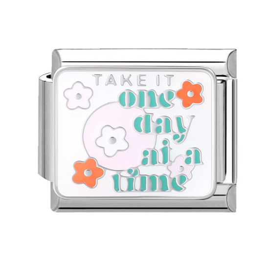 Изображение 1 ШТ 304 Нержавеющая Сталь Стильный Очаровательный итальянский браслет со звеньями Изготовление ювелирных изделий своими руками Серебряный Тон Разноцветный Прямоугольник Сообщение " One Day At A Time " 10мм x 9мм