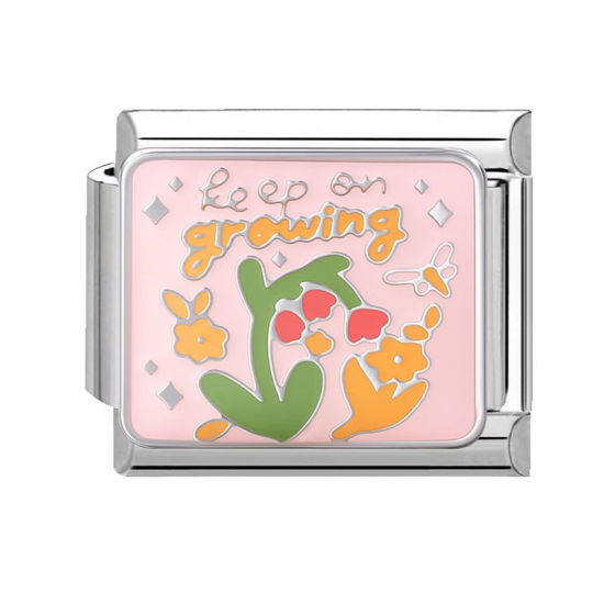 Изображение 1 ШТ 304 Нержавеющая Сталь Очаровательный итальянский браслет со звеньями Изготовление ювелирных изделий своими руками Серебряный Тон Разноцветный Прямоугольник Цветок Сообщение " Growing " 10мм x 9мм