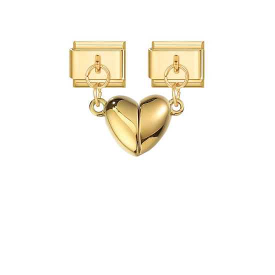 Picture of 1 Pair 304 Stainless Steel Valentine's Day Italian Charm Links For DIY Bracelet Jewelry Making Gold Plated Broken Heart 10mm x 9mm