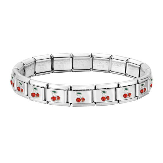 Image de 1 Pièce Bracelets Modulaires à Maillons de Pendentifs Italiens Mignon en 304 Acier Inoxydable Argent Mat Rouge Cerises Détachable 18cm long