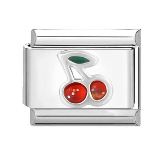 Bild von 1 Stück 304 Edelstahl Charm-Armband mit italienischen Gliedern zur Herstellung von DIY-Schmuck Silberfarbe Rot Rechteck Kirsche 10mm x 9mm