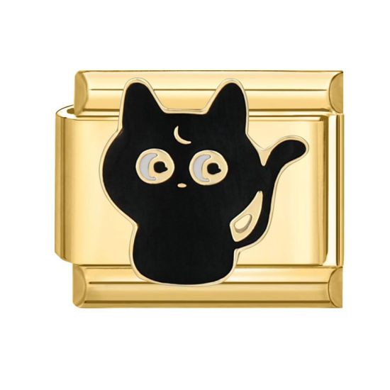 Immagine di 1 Pz 304 Acciaio Inossidabile Bracciale con Charm Italiano a Maglie, Creazione di Gioielli Fai-da-te Oro Placcato Nero Rettangolo Gatto 10mm x 9mm