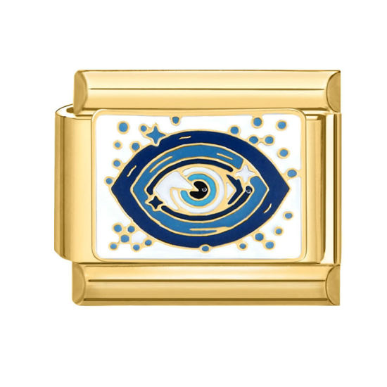 Immagine di 1 Pz 304 Acciaio Inossidabile Bracciale con Charm Italiano a Maglie, Creazione di Gioielli Fai-da-te Oro Placcato Blu Rettangolo Occhi 10mm x 9mm