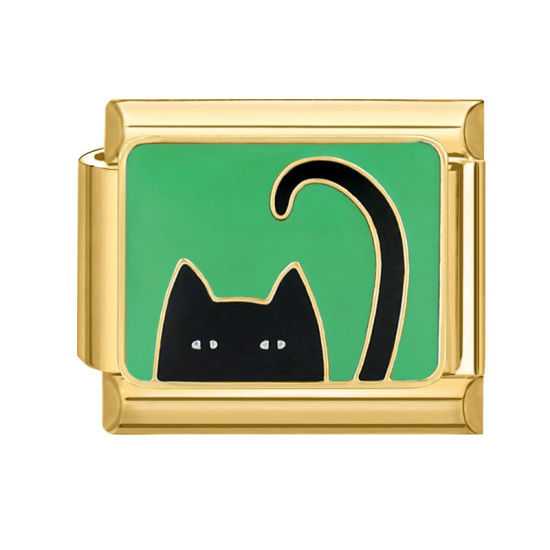 Immagine di 1 Pz 304 Acciaio Inossidabile Bracciale con Charm Italiano a Maglie, Creazione di Gioielli Fai-da-te Oro Placcato Nero Rettangolo Gatto 10mm x 9mm