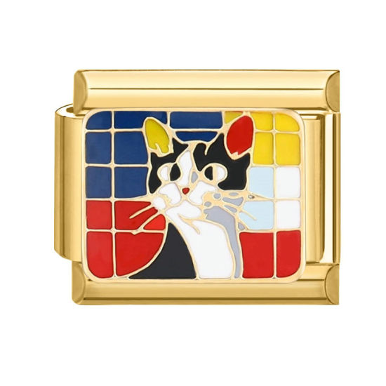 Immagine di 1 Pz 304 Acciaio Inossidabile Bracciale con Charm Italiano a Maglie, Creazione di Gioielli Fai-da-te Oro Placcato Multicolore Rettangolo Gatto 10mm x 9mm