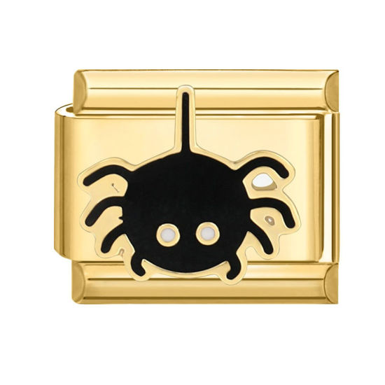 Immagine di 1 Pz 304 Acciaio Inossidabile Bracciale con Charm Italiano a Maglie, Creazione di Gioielli Fai-da-te Oro Placcato Nero Rettangolo Halloween Ragno 10mm x 9mm