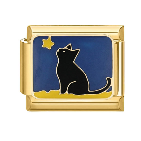 Immagine di 1 Pz 304 Acciaio Inossidabile Bracciale con Charm Italiano a Maglie, Creazione di Gioielli Fai-da-te Oro Placcato Nero Rettangolo Gatto 10mm x 9mm