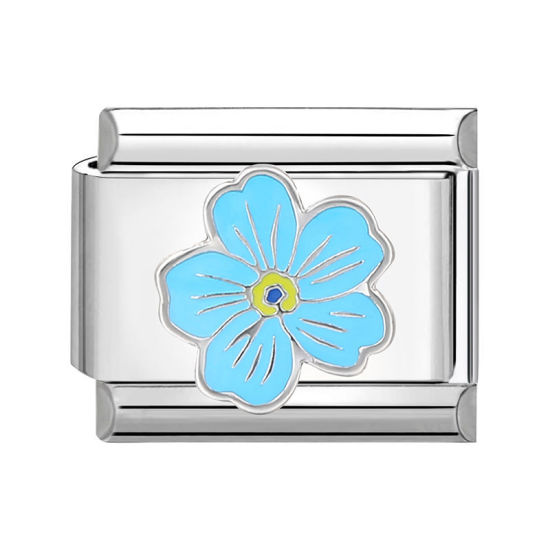 Bild von 1 Stück 304 Edelstahl Charm-Armband mit italienischen Gliedern zur Herstellung von DIY-Schmuck Silberfarbe Blau Rechteck Blumen 10mm x 9mm
