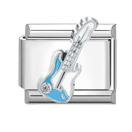 Bild von 1 Stück 304 Edelstahl Charm-Armband mit italienischen Gliedern zur Herstellung von DIY-Schmuck Silberfarbe Blau Rechteck Gitarre Transparent Strass 10mm x 9mm