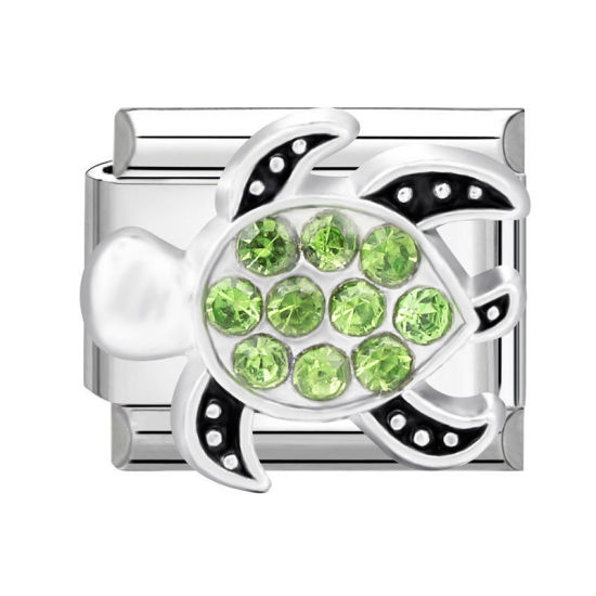 Bild von 1 Stück 304 Edelstahl Charm-Armband mit italienischen Gliedern zur Herstellung von DIY-Schmuck Silberfarbe Schwarz Rechteck Schildkröte Grün Strass 10mm x 9mm