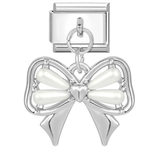 Изображение 1 ШТ 304 Нержавеющая Сталь Очаровательный итальянский браслет со звеньями Изготовление ювелирных изделий своими руками Серебряный Тон Прямоугольник Бант Имитация жемчуга 10мм x 9мм